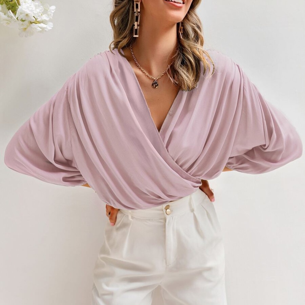 Dusty blue Satin silky lantern sleeve surplice Top - Picture 5 of 7